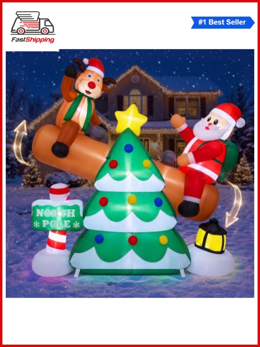 🎅 Animated Christmas Inflatable Santa & Reindeer Seesaw 6FT